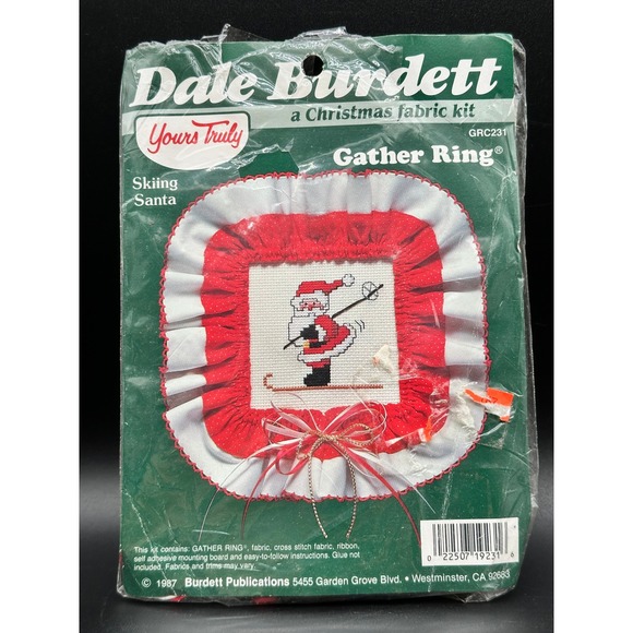 Vintage Dale Burdett Christmas Skiing Santa Gather Ring Cross Stitch Fabric Kit - Picture 1 of 5